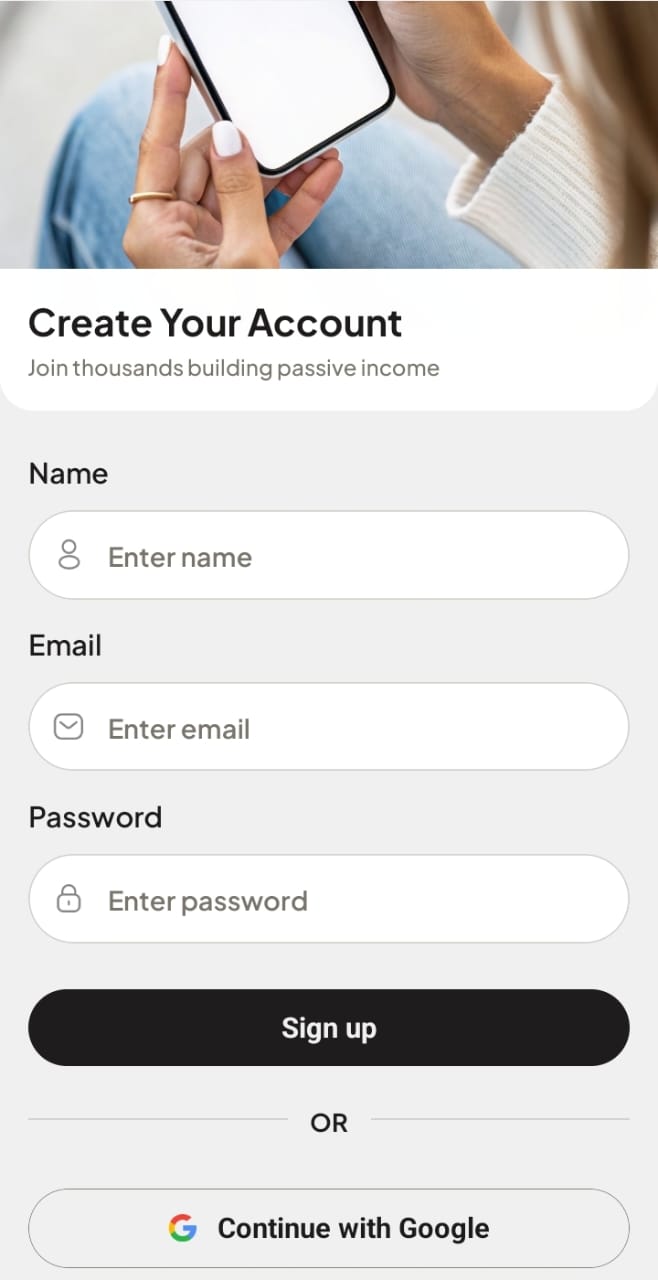 App screenshot of create your account